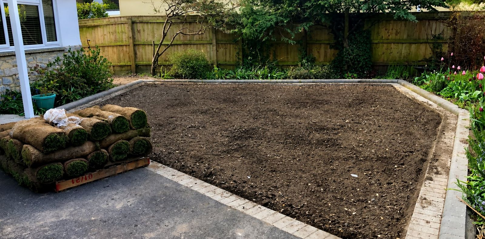Before: prepared soil and rolls of turf ready to lay in Christchurch